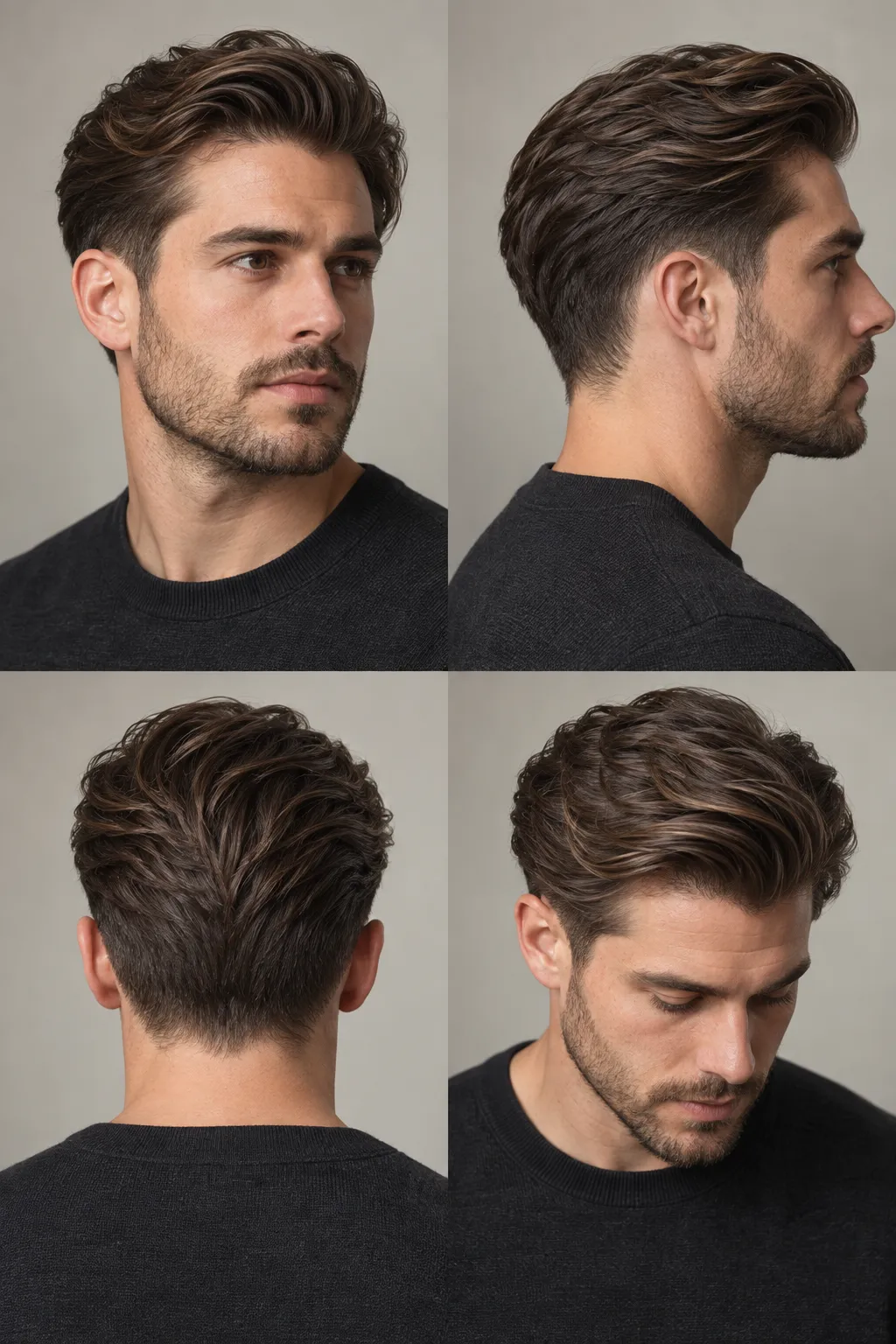 Fictional adult model demonstrating a medium swept-back taper