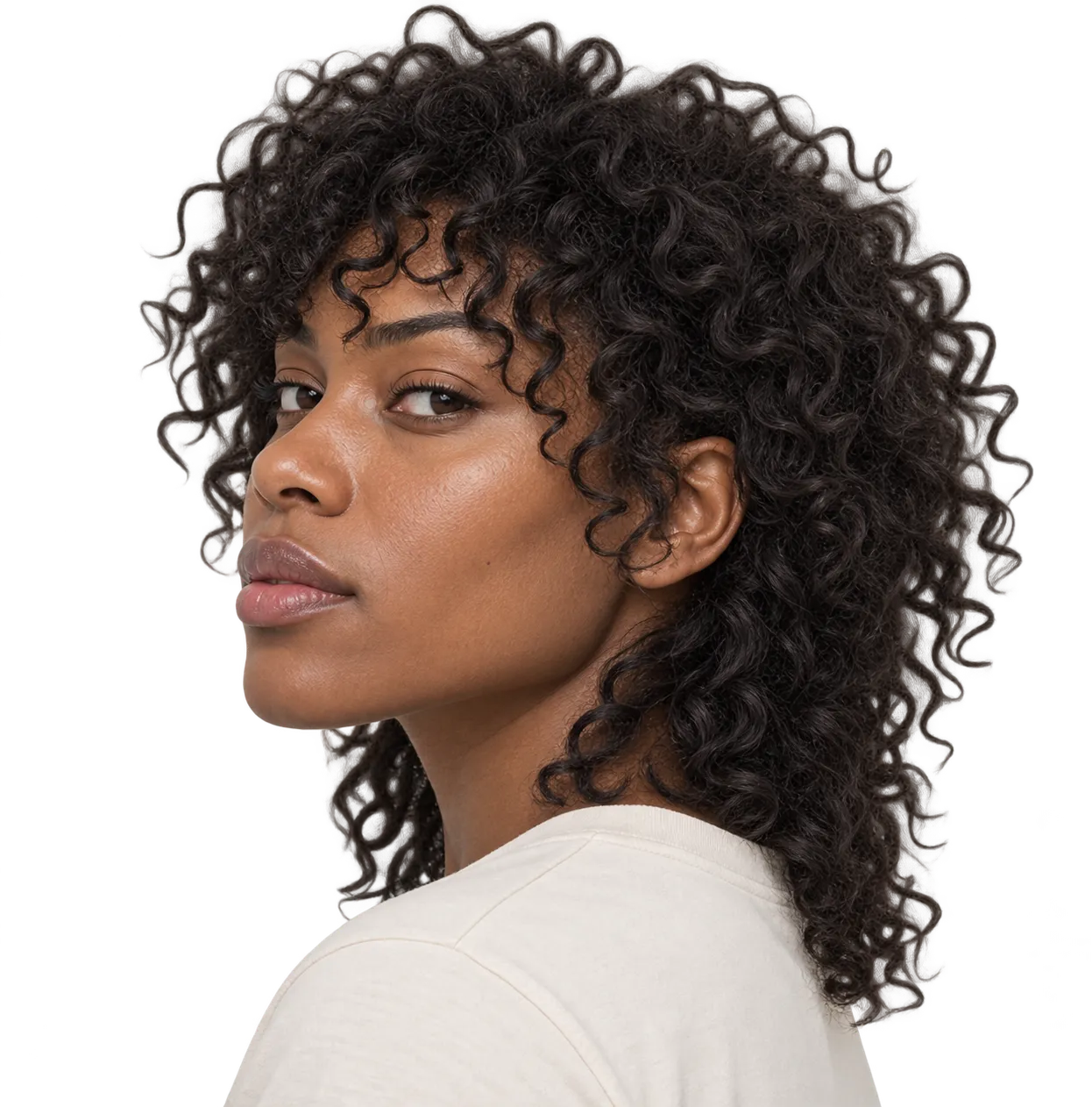 Editorial reference showing a dark-skinned woman with a medium-length curly wolf cut.
