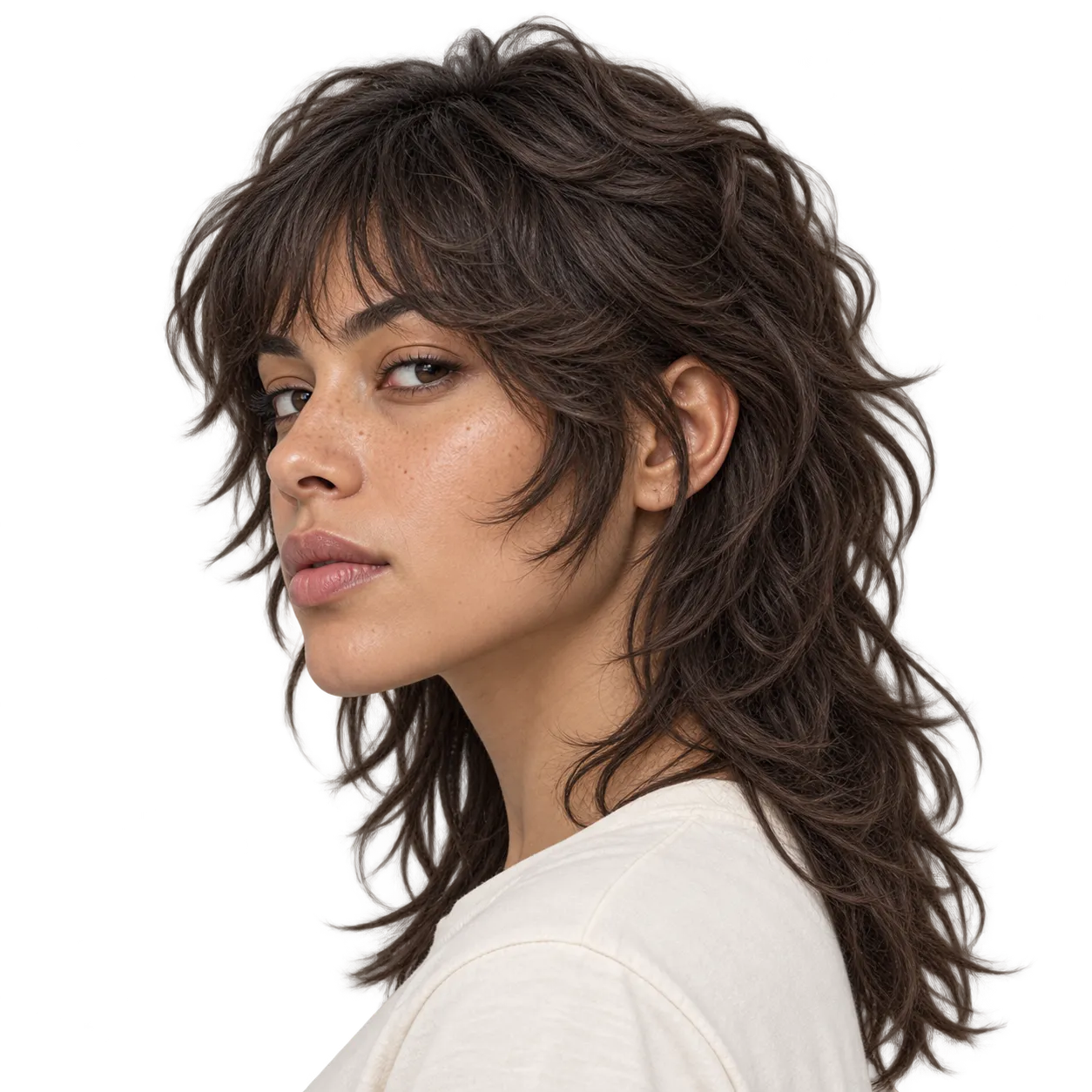 Editorial reference showing mid-20s, light skin woman with a wavy shoulder length wolf cut.